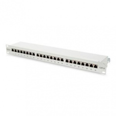 Digitus CAT 6 patch panel, stíněný, 24 portů RJ45, 8P8C, LSA, 1U, montáž do stojanu, šedá, 482x44x109 mm