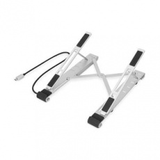 DIGITUS skládací stojan na notebook s integrovaným 5 Portovým USB 3.0 rozbočovačem, PD Nabíjení, vstup USB-C , stříbrný