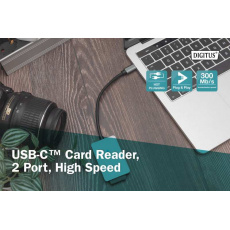 DIGITUS Čtečka karet USB-C, 2 porty UHS-II SD4.0, TF4.0, 300 Mb/s