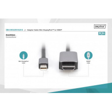 Digitus 8K@60Hz. M/M; mini DP na HDMI; kabeový  adaptér Alu Pouzdro; Černý; 1m