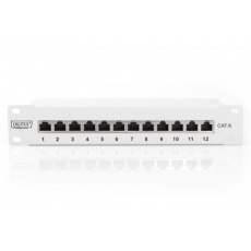 DIGITUS CAT 6, patch panel třídy E, stíněný, 12 portů RJ45 8P8C, LSA, 1U, 254 mm (10 "), montáž do stojanu, šedá