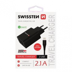 SWISSTEN SÍŤOVÝ ADAPTÉR SMART IC, CE 2x USB 2,1 A POWER ČERNÝ + DATOVÝ KABEL SWISSTEN USB / LIGHTNING 1,2 M ČERNÝ