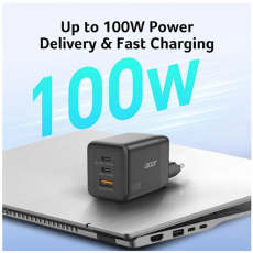 Acer 100W GaN charger - Black; 3 nabíjecí porty: 2x USB-C + 1x USB-A; rychlé nabíjení (PD3.0, PPS, Quick Charge) EU+UK;obal,černý