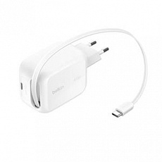 Belkin BOOST CHARGE™ PRO Duální 45W USB-C Power Delivery GaN PPS nástěnná nabíječka + 1m zatahovací USB-C kabel, bílá