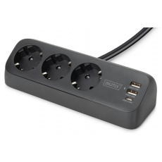 DIGITUS 3cestný kancelářský prodlužovací kabel s 2x USB-A a 1x USB-C porty, černý