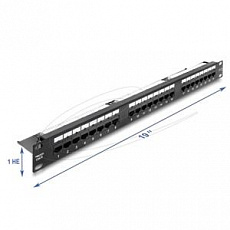 Delock Spojovací panel rozměru 19”, 1U, 24 portový, kat. 6 s LED a odlehčovací lištou, nestíněný, černý