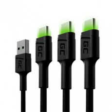 Green Cell Set 3x Cable GC Ray USB-C 120cm Cable with green LED backlight, fast charging Ultra Charge, QC 3.0