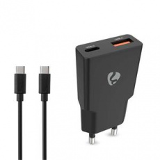 Nedis WCHA20BKUC - Síťová nabíječka | 20 W | GaN | PD3.0 | Funkce rychlého nabíjení | 2 výstupy | USB-A / USB-C | Černá