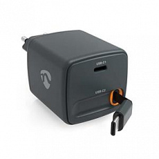 Nedis WCHARC65WBK - Síťová Nabíječka | 65 W | GaN | PD3.0 | 2výstupy: USB-C / Zatahovací kabel USB-C | Černá