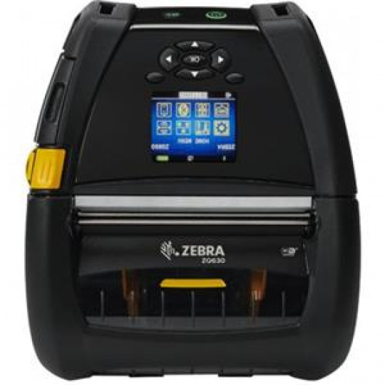 Zebra DT Printer ZQ630; English fonts,BT 4.x, Linered platen, 0.75" core, Group E, Shoulder strap, Belt clip, Media Width Sen