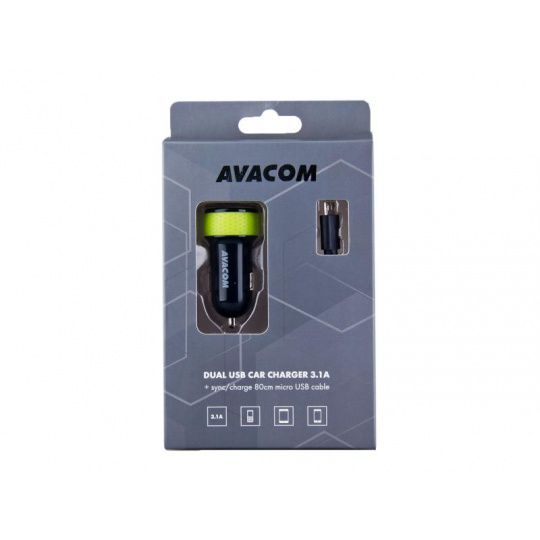 AVACOM nabíječka do auta se dvěma USB výstupy 5V/1A - 3,1A, černo-zelená barva