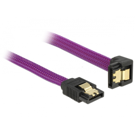 Delock SATA kabel 6 Gb/s, 20 cm otočený dole/rovný, kovové svorky, fialový Premium
