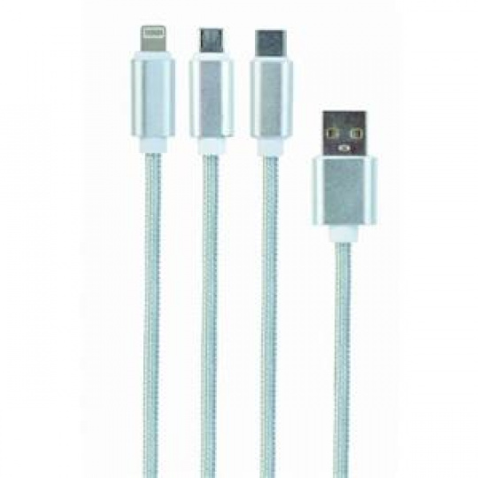CABLEXPERT Kabel USB A Male/Micro B + Type-C + Lightning, 1m, opletený, stříbrný, blister