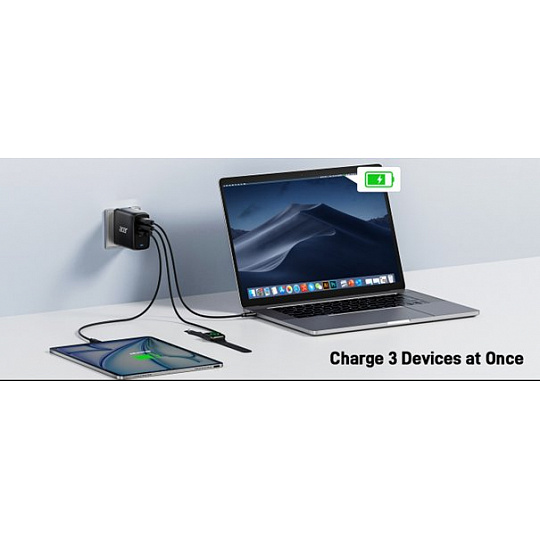 ACER 67W PD GaN charger - black; 2×USB-C +1×USB-A, černá - Nabíječka s Power Delivery a GaN = nitrid galia