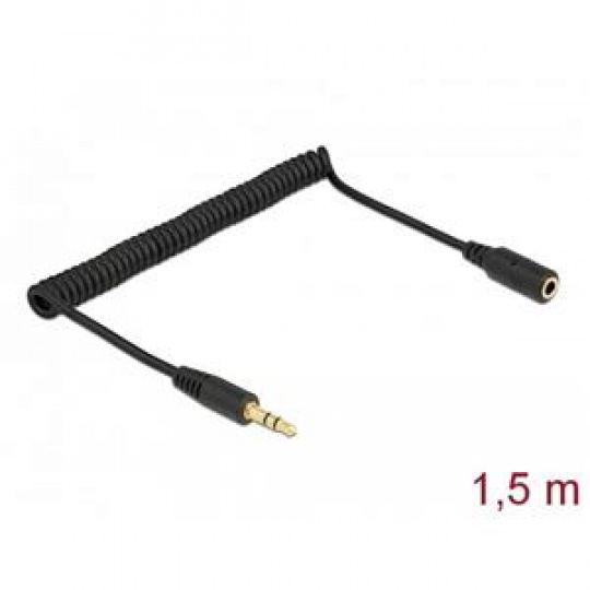 Delock Kroucený prodlužovací kabel 3,5 mm, 3 pinový, stereo zástrčkový konektor na stereo zásuvkový konektor, 1,5 m, čer