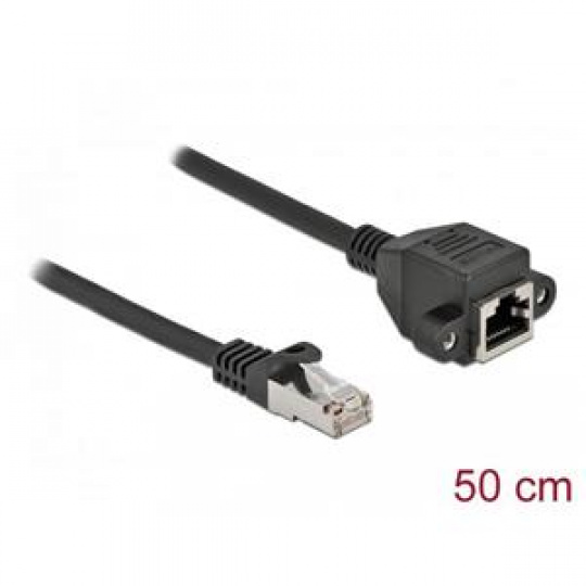 Delock Prodlužovací síťový kabel, ze zástrčky S/FTP RJ45 na zásuvku RJ45, Cat.6A, délka 50 cm, černý