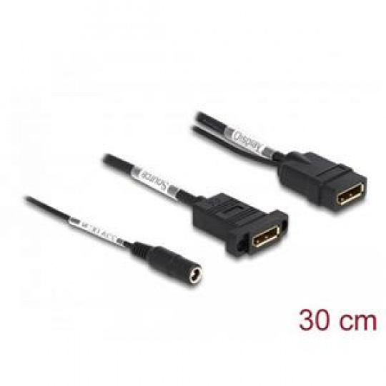 Delock DisplayPort kabel, 4K 60 Hz, se stejnosměrným přívodem, 2,1 x 5,5 mm, 0,30 m, panelová montáž