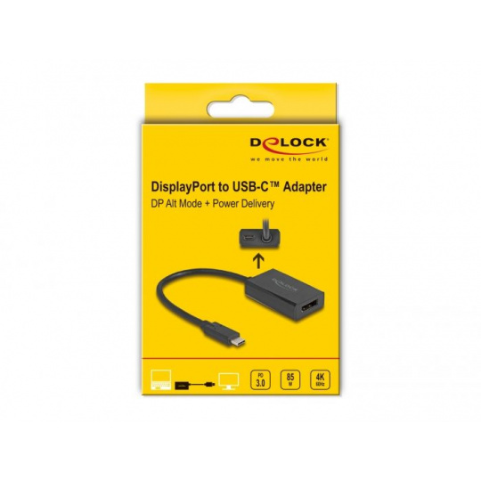Delock Adaptér ze zásuvku DisplayPort na zástrčky USB Type-C™ (DP Alt Mode), 4K, s PD o výkonu 85 W