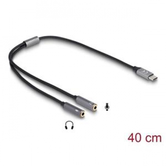 Delock Sluchátkový adaptér ze zástrčkového konektoru USB Type-C™, DAC 24 Bit / 96 kHz Hi-Res na 2 x 3 pin 3,5 jack