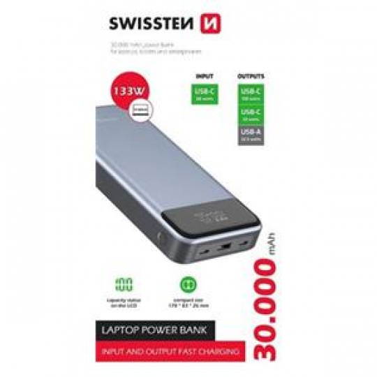 SWISSTEN POWER BANK 30000 mAh 133W POWER DELIVERY GREY