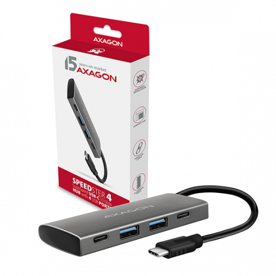 AXAGON HMC-4G2, USB-C 3.2 Gen 2 10 Gb/s hub, porty 2x USB-A + 2x USB-C, kabel USB-C 13cm