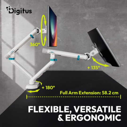 Digitus držák na dva monitory 2x 35"/10 kg, mechanická pružina, VESA: 75x75, 100x100, bílý