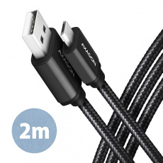 AXAGON BUMM-AM20AB, HQ kabel Micro USB <-> USB-A, 2m, USB 2.0, 2.4A, ALU, oplet, černý