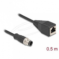 Delock Kabel M12, D-kódovaný, 4 pin, ze zástrčkového na RJ45 zásuvkový konektor, PVC, 0,5 m Delock Kabel M12, D-kódovaný, 4 pin, ze zástrčkového na RJ45 zásuvkový konektor, PVC, 0,5 m