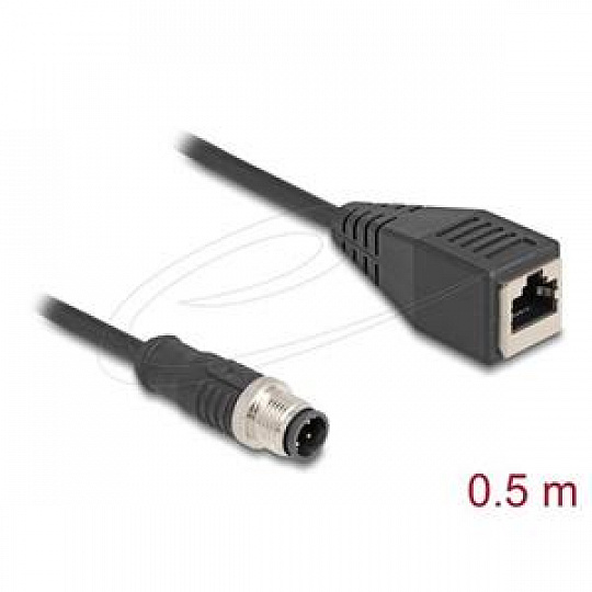 Delock Kabel M12, D-kódovaný, 4 pin, ze zástrčkového na RJ45 zásuvkový konektor, PVC, 0,5 m Delock Kabel M12, D-kódovaný, 4 pin, ze zástrčkového na RJ45 zásuvkový konektor, PVC, 0,5 m