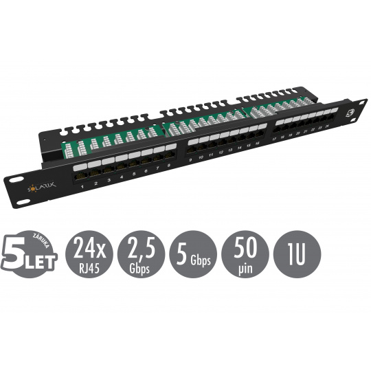 19" patch panel Solarix 24 x RJ45 CAT5E UTP s vyvazovací lištou 1U SX24L-5E-UTP-BK-N