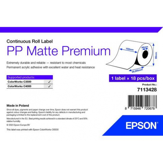 PP Matte Label Premium, Cont. Roll, 102mm x 29mm