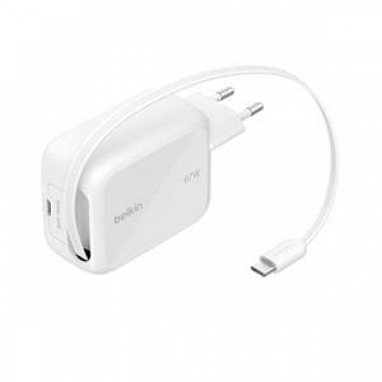 Belkin BOOST CHARGE PRO Duální 67W USB-C Power Delivery GaN PPS nástěnná nabíječka + 1m zatahovací USB-C kabel, bílá