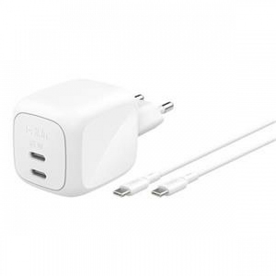 Belkin BOOST CHARGE™ PRO Duální 67W USB-C Power Delivery GaN PPS nástěnná nabíječka + 2m USB-C/USB-C kabel, bílá