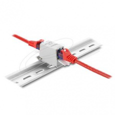 Delock Spojka RJ45 Cat.6A ze zásuvky na zásuvku s krytkou proti prachu k montáži na lištu dle DIN, stíněná, šedá / bílá Delock Spojka RJ45 Cat.6A ze zásuvky na zásuvku s krytkou proti prachu k montáži na lištu dle DIN, stíněná, šedá / bílá