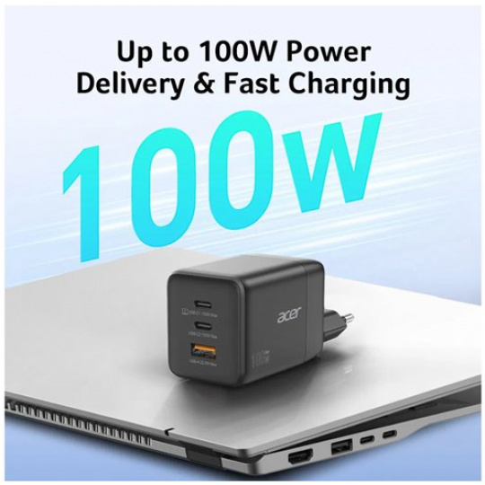 Acer 100W GaN charger - Black; 3 nabíjecí porty: 2x USB-C + 1x USB-A; rychlé nabíjení (PD3.0, PPS, Quick Charge) EU+UK;obal,černý