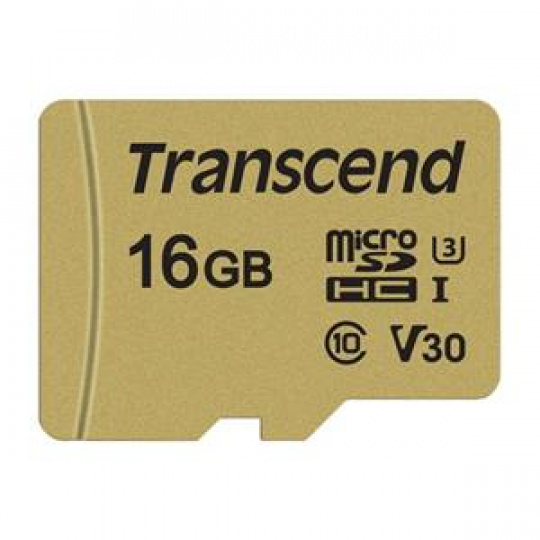 Transcend 16GB microSDHC 500S UHS-I U3 V30 (Class 10) MLC paměťová karta (s adaptérem), 95MB/s R, 50MB/s W