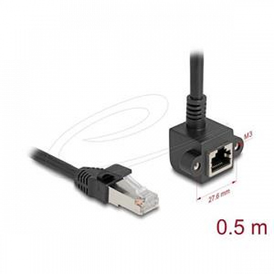 Delock Síťový prodlužovací kabel ze zástrčky RJ45 na zásuvku RJ45, úhlový, 90°, Cat.6, F/UTP, 0,5 m, černý