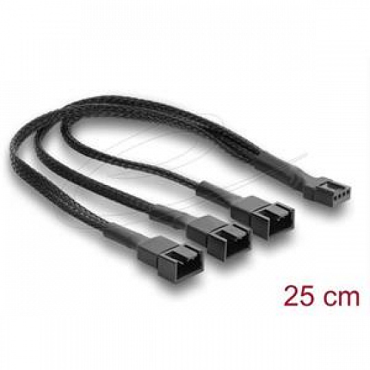 Delock Splitter kabelu ventilátoru, 1 x 4 piny, PWM, ze zásuvky na zástrčku + 2 x 4 pinovou zástrčku, s opleteným pláště Delock Splitter kabelu ventilátoru, 1 x 4 piny, PWM, ze zásuvky na zástrčku + 2 x 4 pinovou zástrčku, s opleteným pláště
