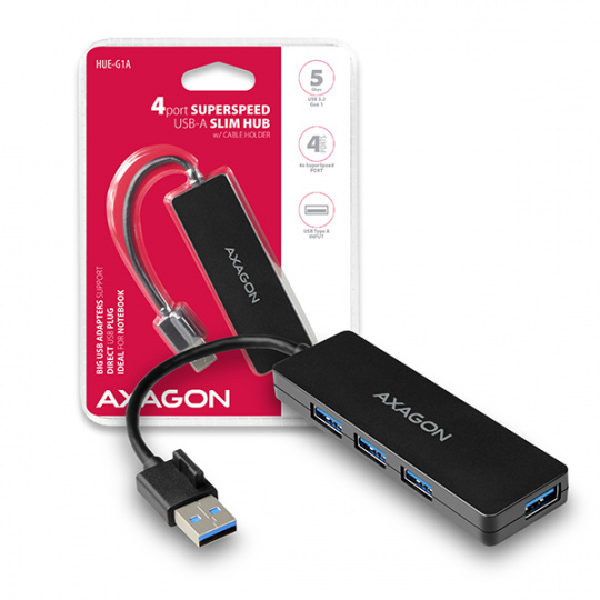 AXAGON HUE-G1A, 4x USB 3.2 Gen 1 SLIM hub, kabel Type-A 14cm napevno