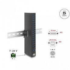 Delock Průmyslový rozbočovač ze 16 x USB 5 Gbps Typ-A s ochranou proti elektrostatickému výboji (ESD) až 8 kV a s montáž