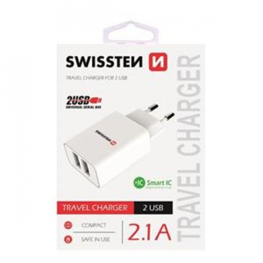 SWISSTEN SÍŤOVÝ ADAPTÉR SMART IC, CE 2x USB 2,1 A POWER BÍLÝ