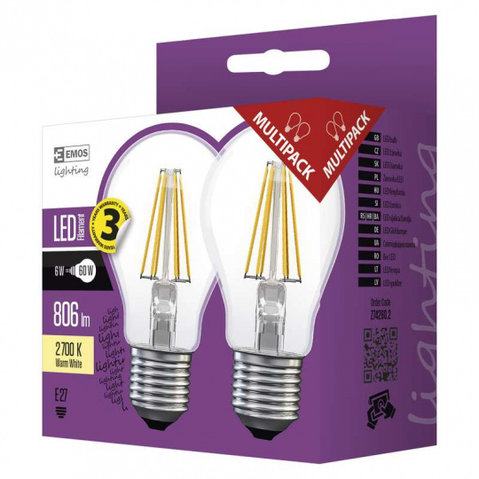 EMOS LED ŽÁROVKA FILAMENT A60 6W E27 teplá bílá 2ks