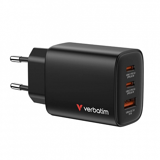 Zdroj 230V/  65W/2x USB-C + 1x USB-A (PD3.0, GaN, Quick Changer, PPS, vidlice EU) Verbatim, černý