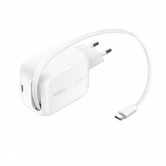 Belkin BOOST CHARGE™ PRO Duální 45W USB-C Power Delivery GaN PPS nástěnná nabíječka + 1m zatahovací USB-C kabel, bílá