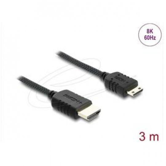Delock Koaxiální kabel High Speed HDMI HDMI samec na Mini HDMI samec 8K 60 Hz s pleteným opláštěním 3 m Delock Koaxiální kabel High Speed HDMI HDMI samec na Mini HDMI samec 8K 60 Hz s pleteným opláštěním 3 m