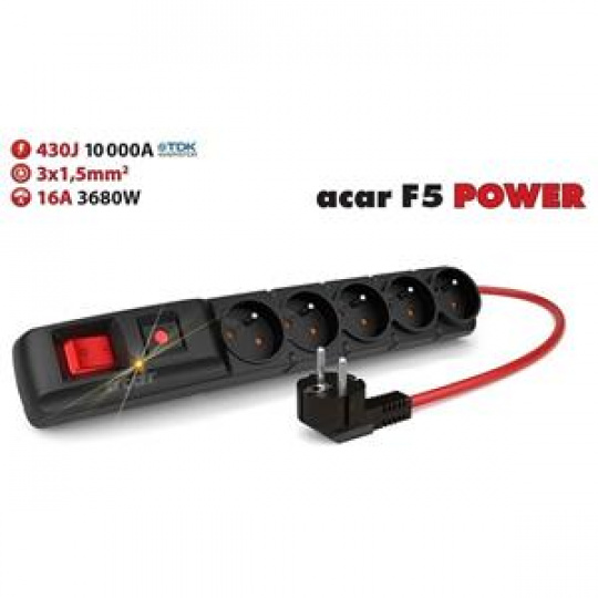 Acar F5 10m kabel, 5 zásuvek, přepěťová ochrana, max.proud 16A, černý