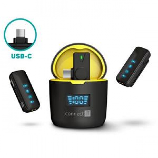 CONNECT IT Wireless mikrofon ClipMic Pro USB-C (2 ks + receiver) set ČERNÝ