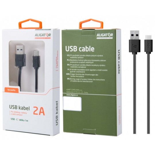 Datový kabel , USB-C, 2A, 1m, prodloužený konektor 9mm, černý