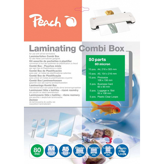 PEACH laminovací Combi Box 50, lam. fólie 10ks A4, 10ks A5, 15ks foto 10x 15cm, 5ks vizitka, 5x štítek, 80 micronů PEACH laminovací Combi Box 50, lam. fólie 10ks A4, 10ks A5, 15ks foto 10x 15cm, 5ks vizitka, 5x štítek, 80 micronů