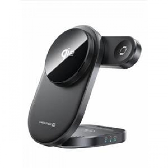 SWISSTEN SKLÁDACÍ BEZDRÁTOVÁ Qi2 NABÍJEČKA MagBase 3v1 ČERNÁ (kompatibilní s MagSafe)